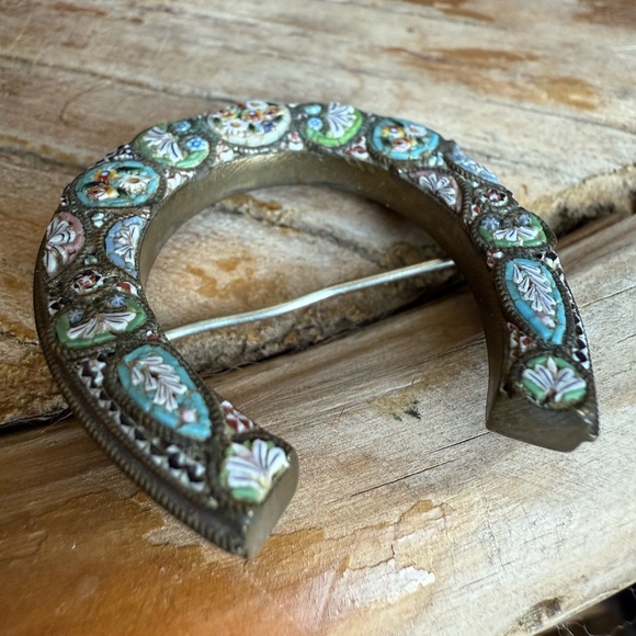 Antique Italian Micro Mosaic Brooch Lucky Horseshoe 1920s - Picture 3 of 7